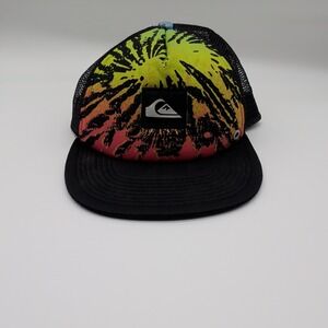 Quiksilver Tie Dye Surfing Beach Snapback Trucker Hat Cap Black Mesh
